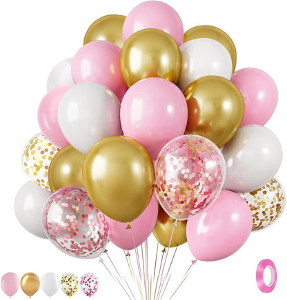 Skiennix Pink Gold Confetti Latex Balloons - 35 Pcs 12 Inch Pink & White Balloons for Birthday & Baby Shower Decor