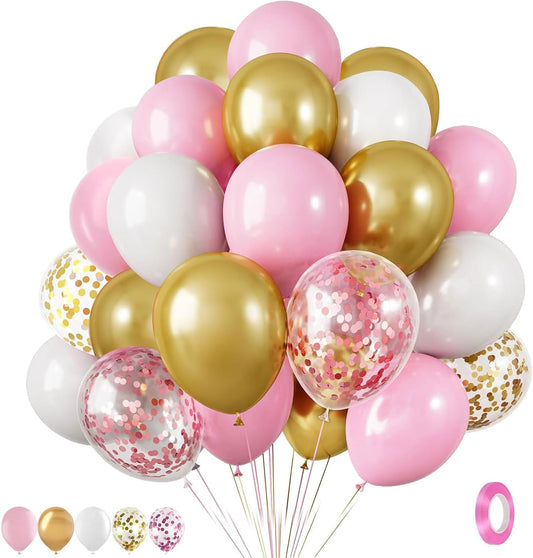 Skiennix Pink Gold Confetti Latex Balloons - 35 Pcs 12 Inch Pink & White Balloons for Birthday & Baby Shower Decor