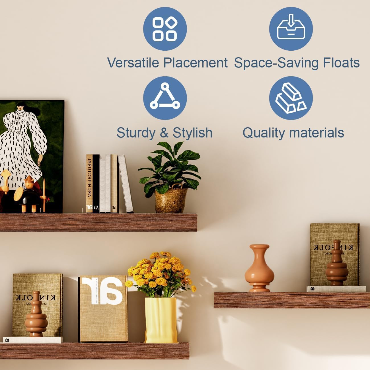 Modern Wooden Floating Shelves by [Brand Name] - Stylish Wall-Mounted Storage | Set of 3, 12x7x1.5 in (Walnut)