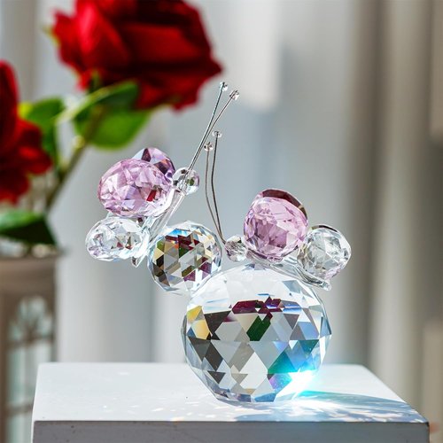 H&D Hyaline & Dora Pink Crystal Cut Butterfly Figurine - Handmade Art Glass Collectible Gift