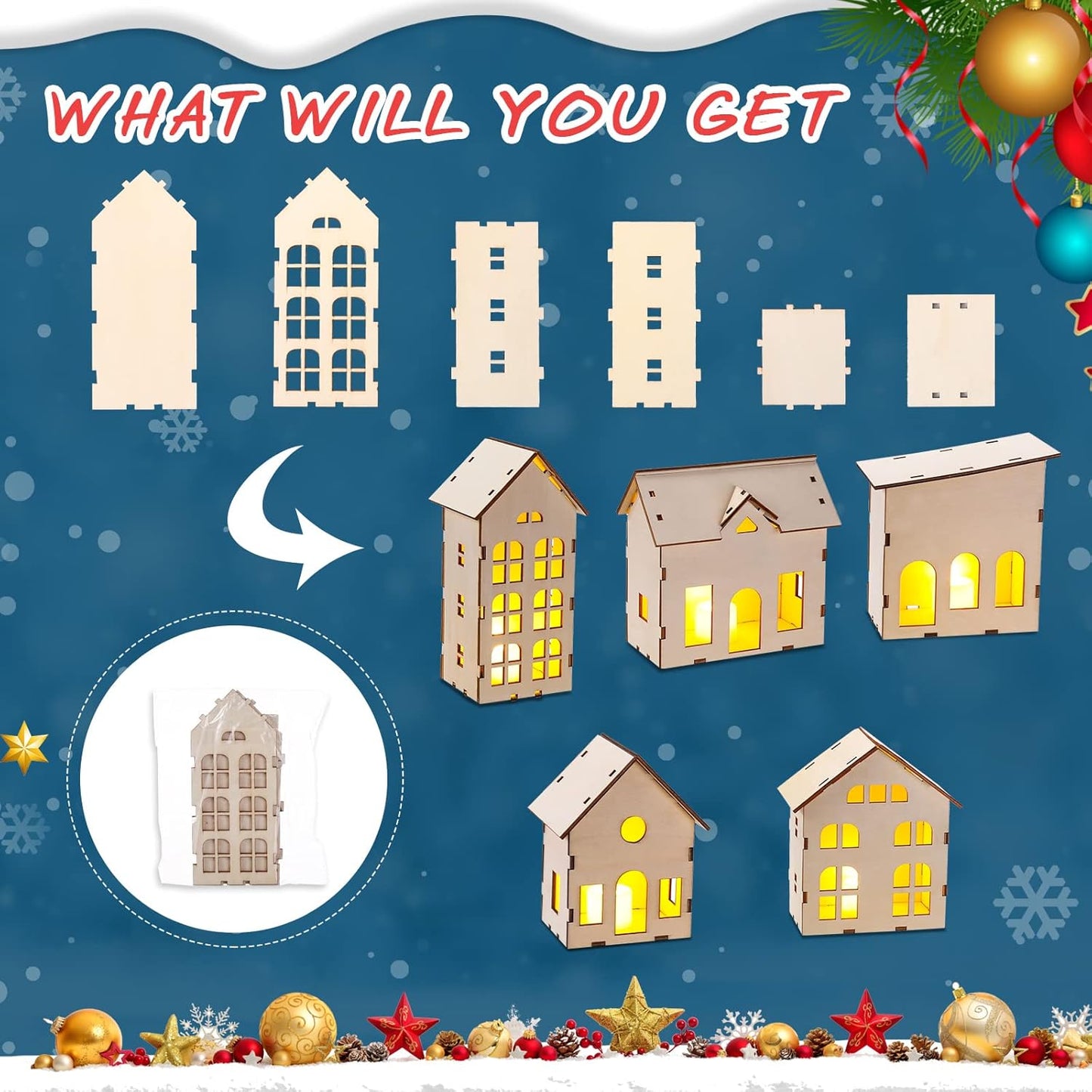 Regine Switzerland Christmas Village Set - 12 Unassembled Houses with 6 LED Candle Lights | Festive Ornaments for Holiday Decor