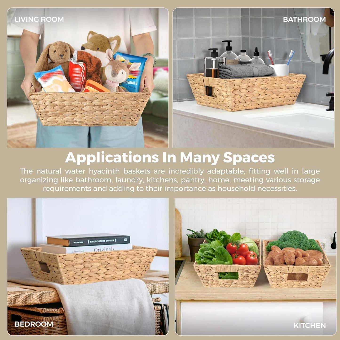 Water Hyacinth Snack Baskets by [Brand Name] - Set of 3 Wicker Organizers with Handles | Perfect for Office Use
