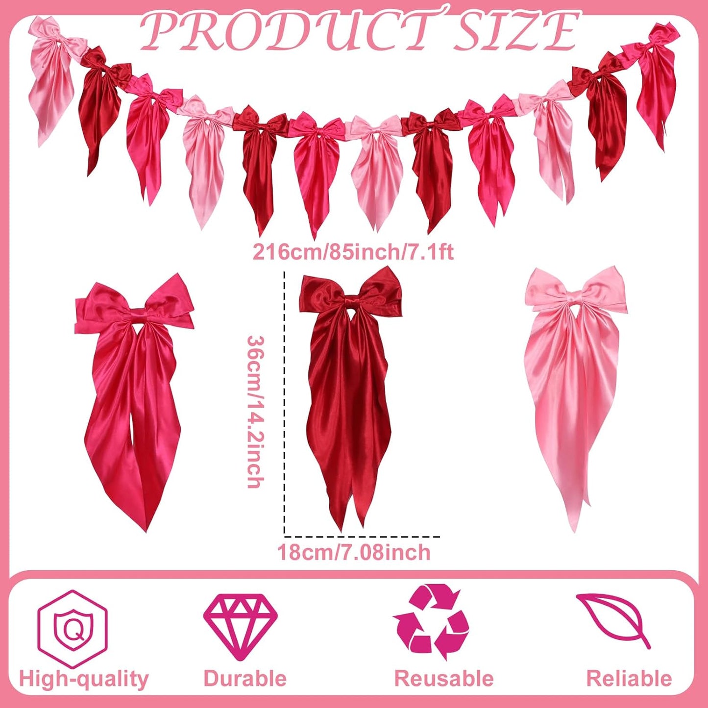 Skiennix Pink Bow Garland Banner - Satin Ribbon Decor for Fireplace | Perfect for Bachelorette, Bridal Shower & Birthday Parties (3 Red)