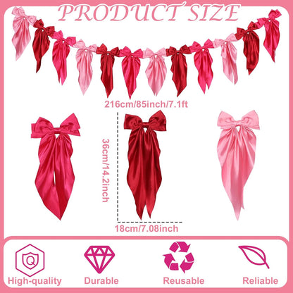 Skiennix Pink Bow Garland Banner - Satin Ribbon Decor for Fireplace | Perfect for Bachelorette, Bridal Shower & Birthday Parties (3 Red)