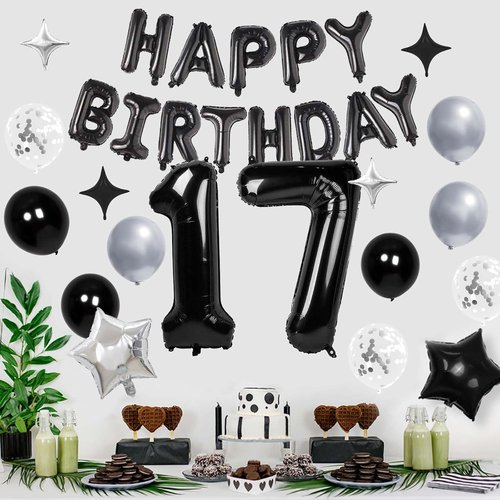17 Balloon Numbers by 32 Inch - Happy Birthday Foil Letters & Star Balloons | Silver & Black Party Decor
