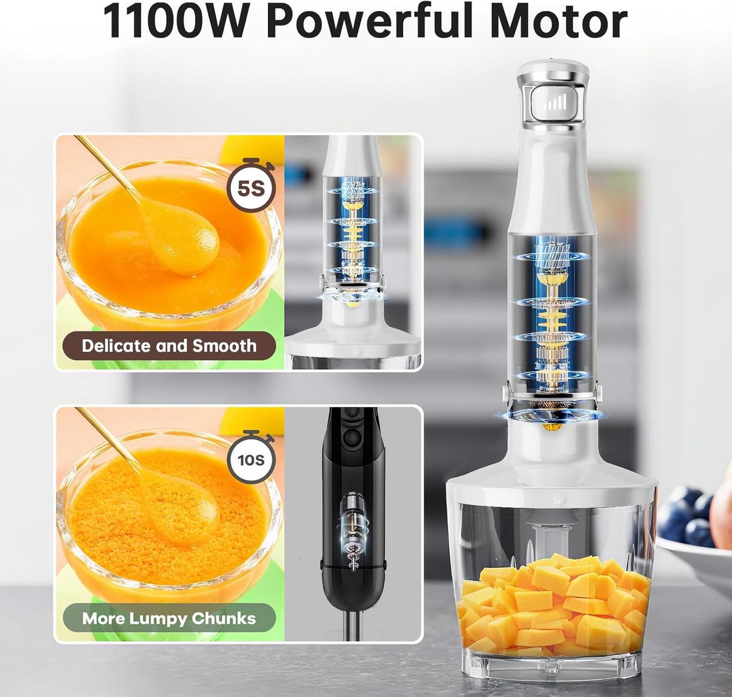 Skiennix Immersion Blender - 1100W Handheld Stick Blender with Variable Speed, Chopper & Whisk - White