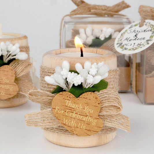 12PCS Wooden Tealight Candle Holders, Wedding Thank You Favors for Guests, Baptism/Bridal Shower Centerpieces for Tables, Wood Cylinder Candle Set for Baby Shower Decorations(Double Heart Tag)