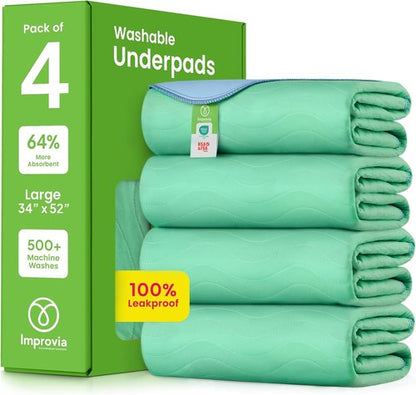 IMPROVIA® Washable Underpads - Heavy Absorbency Reusable Incontinence Pads | 34" x 52" (Pack of 4) - Waterproof Protection for Beds, Couches, and Floors