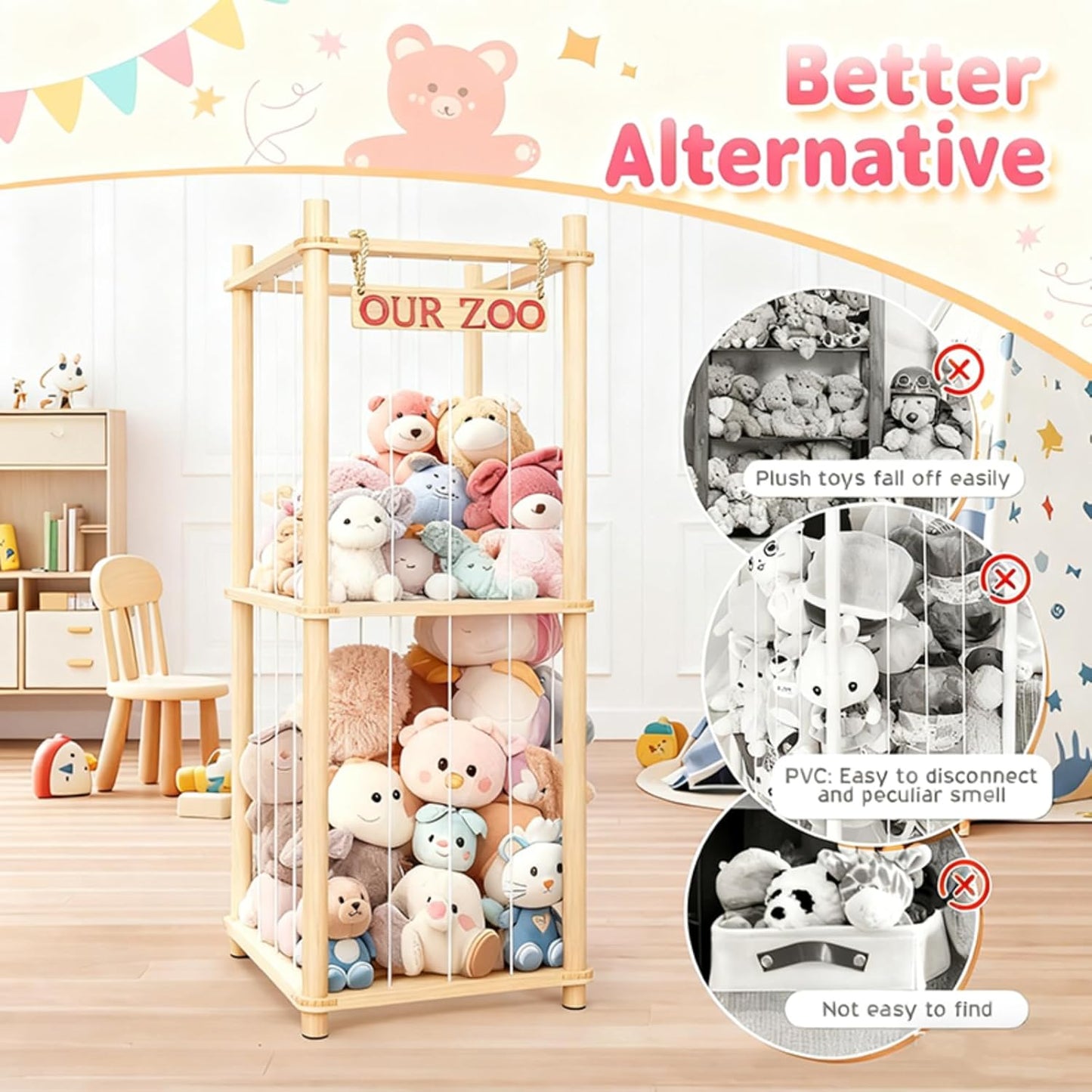 Stuffed Animal Storage | Tall Natural Pine Wood Plushie Zoo with Elastic Cords - Space-Saving Playhouse for Kids