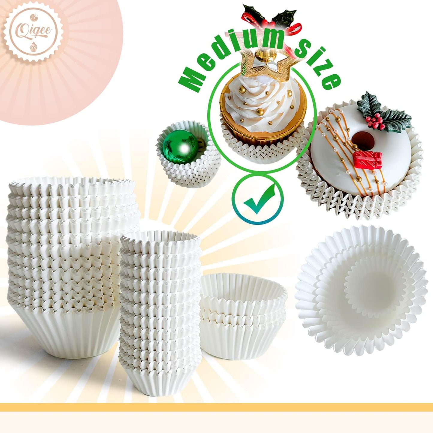 Qiqee 600pcs White Cupcake Liners - Food Grade Baking Cups for Muffins | Standard Size, No Smell