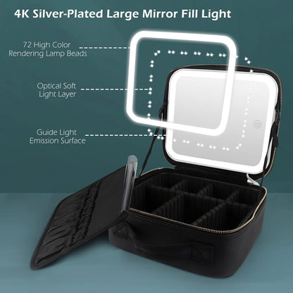 MOMIRA Travel Makeup Bag - Lighted Mirror with Adjustable Brightness | Waterproof Organizer - Black