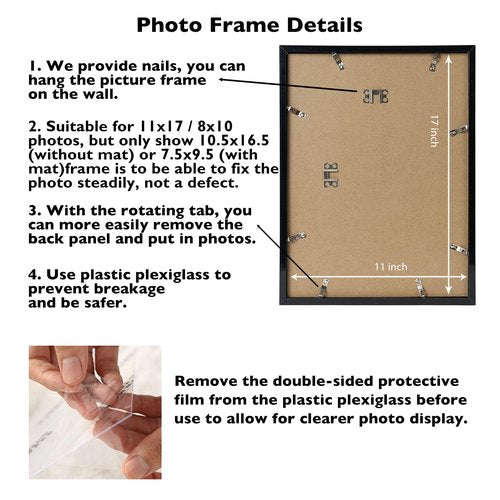 JCJMY 11x17 Picture Frame Black with 8x10 Mat, Display Photo 8x10 with Mat or 11 x 17 Without Mat, Wall Hanging Large 11x17 Poster Frame with Shatter Resistant Plexiglass, Black