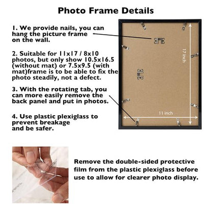 JCJMY 11x17 Picture Frame Black with 8x10 Mat, Display Photo 8x10 with Mat or 11 x 17 Without Mat, Wall Hanging Large 11x17 Poster Frame with Shatter Resistant Plexiglass, Black