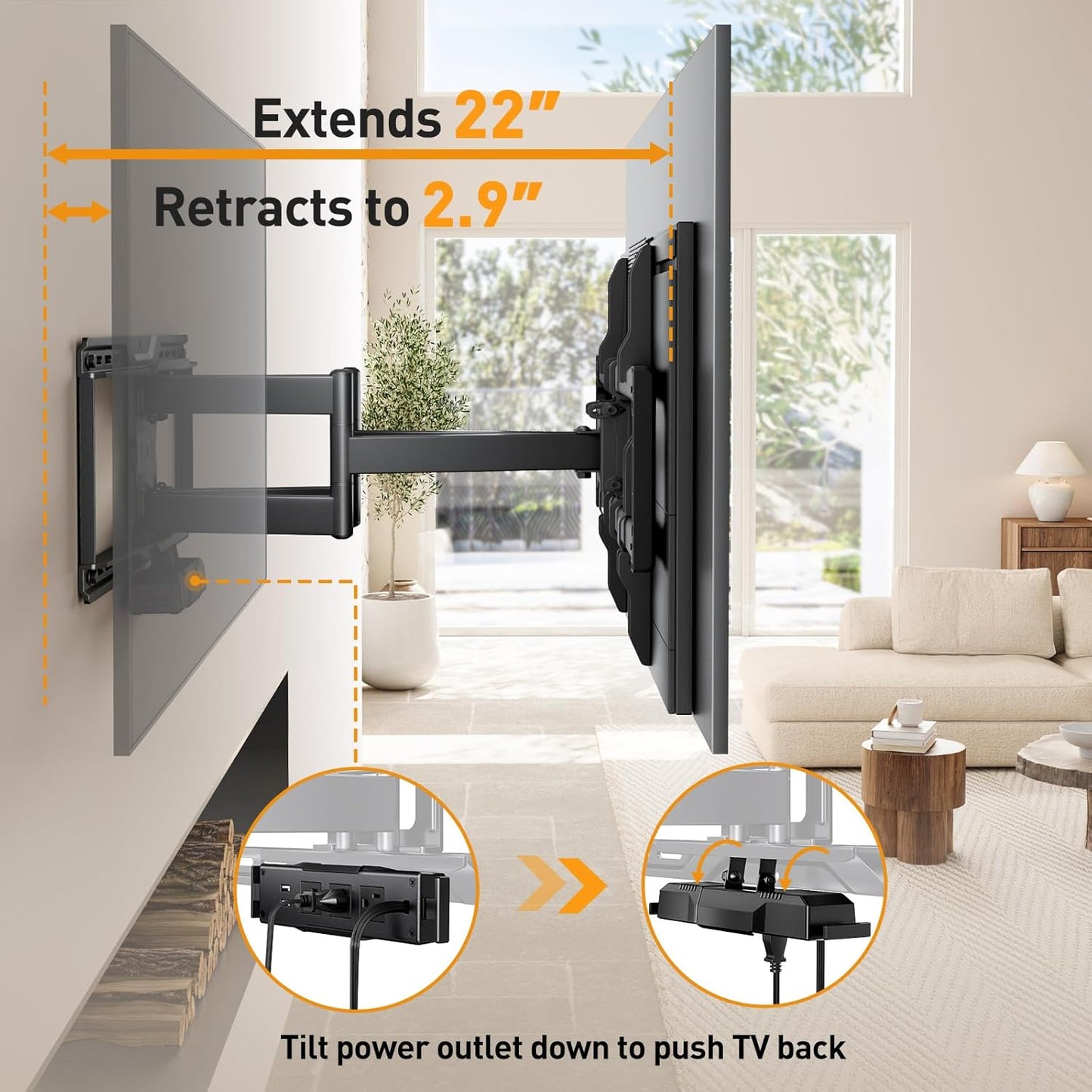 Perlegear Full Motion TV Wall Mount - Power Strip Included, Fits 42–90 Inch TVs Up to 150 lbs | Smooth Swivel & Tilt