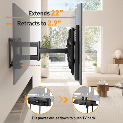 Perlegear Full Motion TV Wall Mount - Power Strip Included, Fits 42–90 Inch TVs Up to 150 lbs | Smooth Swivel & Tilt
