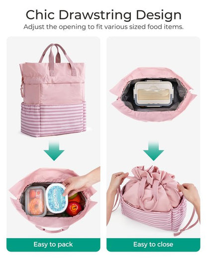 BAGSMART Lunch Bag Women Cute Lunch Box Drawstring Tote Cooler with Multi-Pockets Cinch Closure Insulated Tote for Work, Office, Outdoors