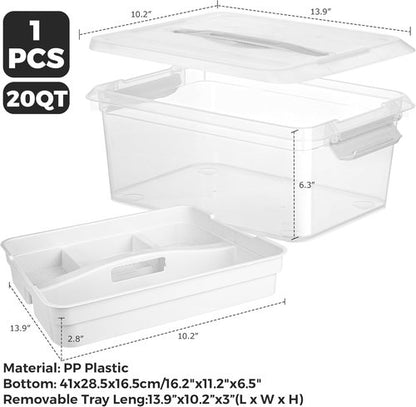 CraftGenes Craft Storage Box - 20 QT Clear Plastic Organizer with Removable Tray & Lids | Ideal for Crafts, Tools, Puzzles