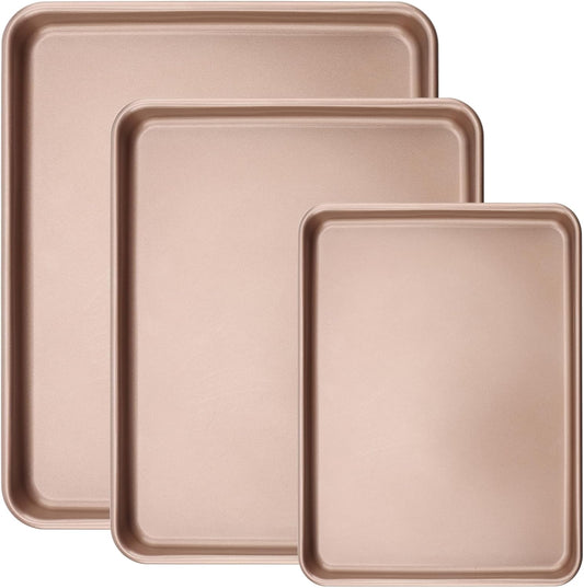 ZOENHOU Nonstick Baking Sheet Pan Set - 3 Sizes (9, 11, 13 Inch) | Rose Gold Cookie & Cake Trays