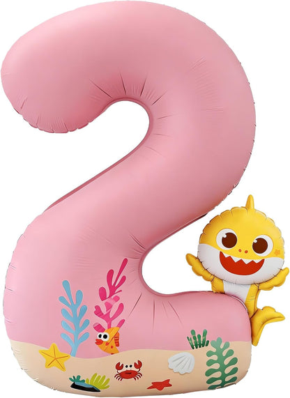 PartyWoo Baby Shark Pink Foil Number 2 Balloon - 40 Inch Mylar Helium Birthday Decoration for Kids