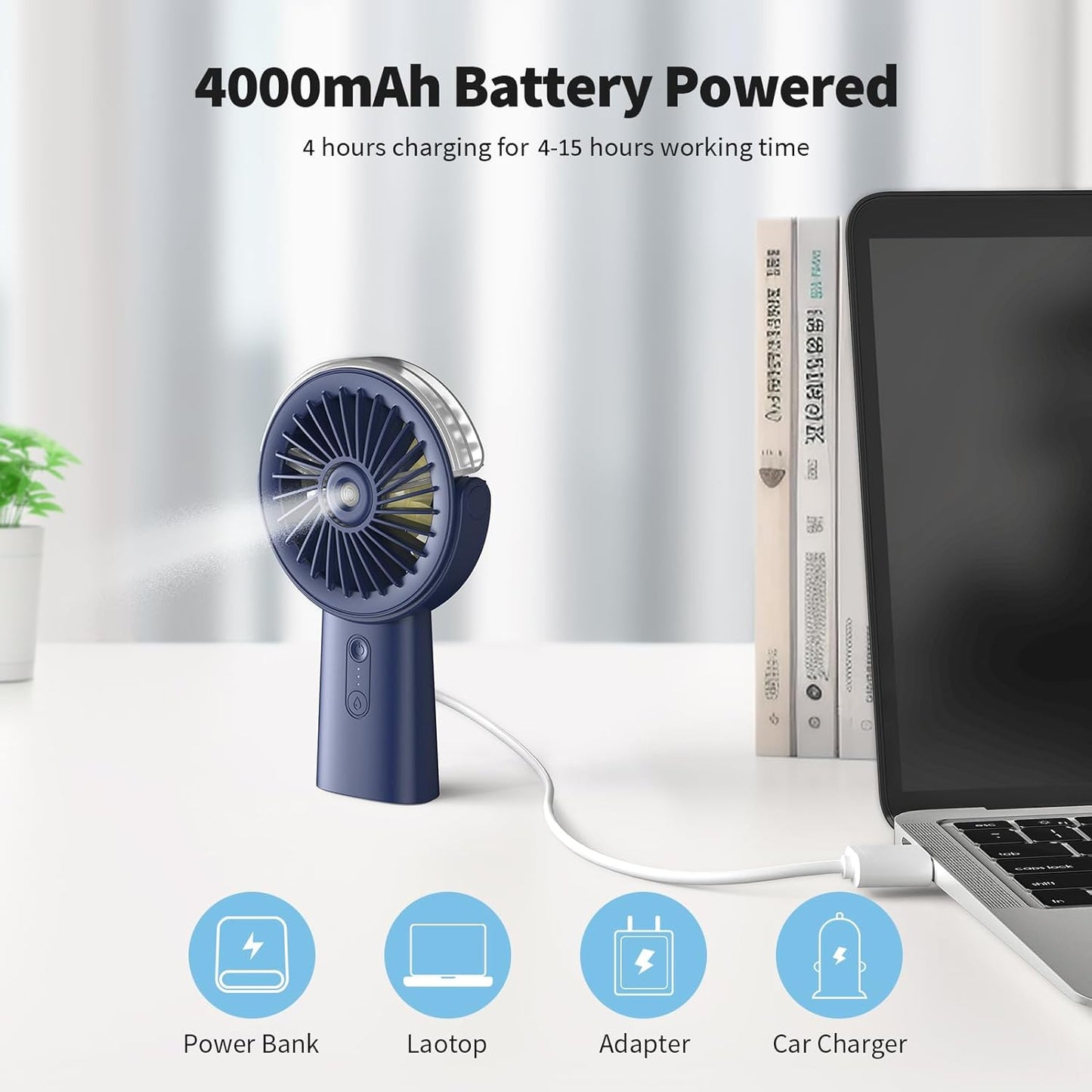 Otlonpe Handheld Misting Fan - Portable Rechargeable Water Spray Fan | 4000mAh Battery, 3-Speed, 4-15 Hrs Runtime