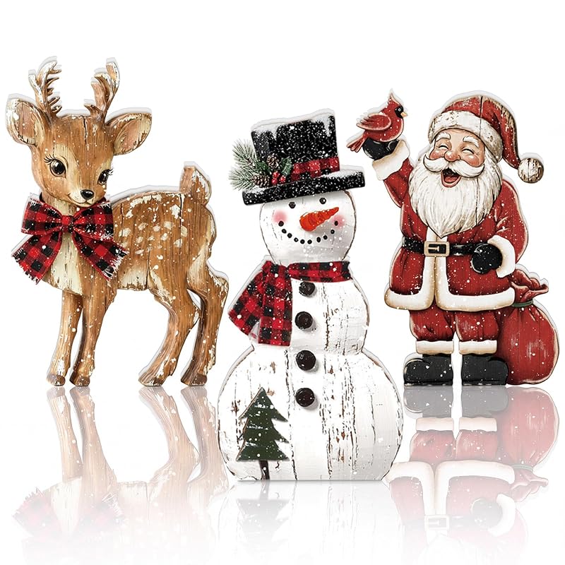 3 Pcs Christmas Wooden Decorations Set – Snowman, Santa & Reindeer Signs (Variation: 3+Snowman Santa Reindeer)
