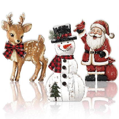 3 Pcs Christmas Wooden Decorations Set – Snowman, Santa & Reindeer Signs (Variation: 3+Snowman Santa Reindeer)