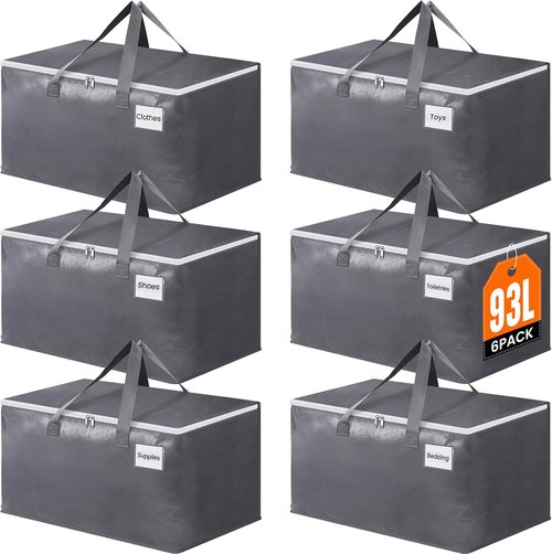 BlissTotes Large Moving Bags - Heavy Duty Storage Bags with Zippers & Handles | 93L, 6 Pack for Space Saving