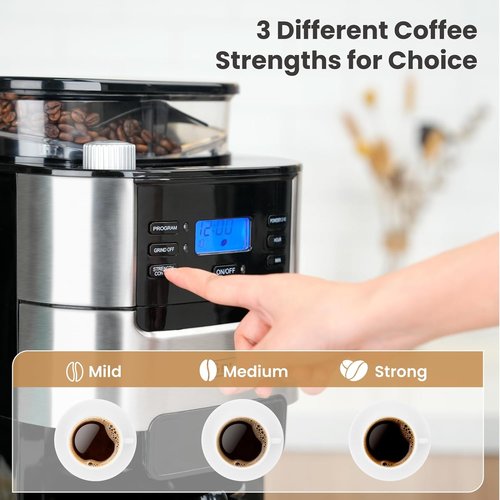 Gevi 10-Cup Drip Coffee Maker - Programmable Brew Machine with Built-in Grinder & Reusable Filter | 1.5L Water Tank