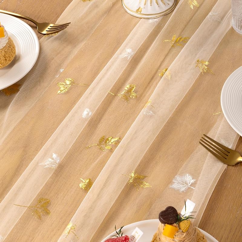 Beige Gold Glitter Gauze Table Runner 10 ft 29x120 Inch - Sparkling Cheesecloth for Weddings & Parties (Variation: Beige Gold Maple+1)
