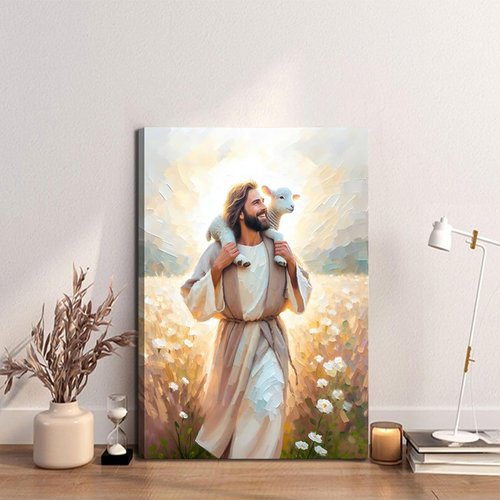 GKQNMU Jesus Carrying The Lamb Canvas Wall Art - Christ The Good Shepherd Decor | Ready To Hang