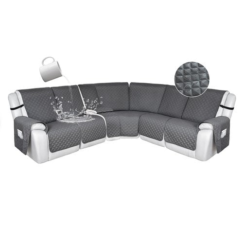 HDCAXKJ 100% Waterproof Reclining Sectional Couch Covers L Shape Recliner Sofa Cover Washable Quilted Soft Pet Dog Corner Recliner Slipcovers with Pockets (5 Seat and 1 Middle Console, Middle Gray)