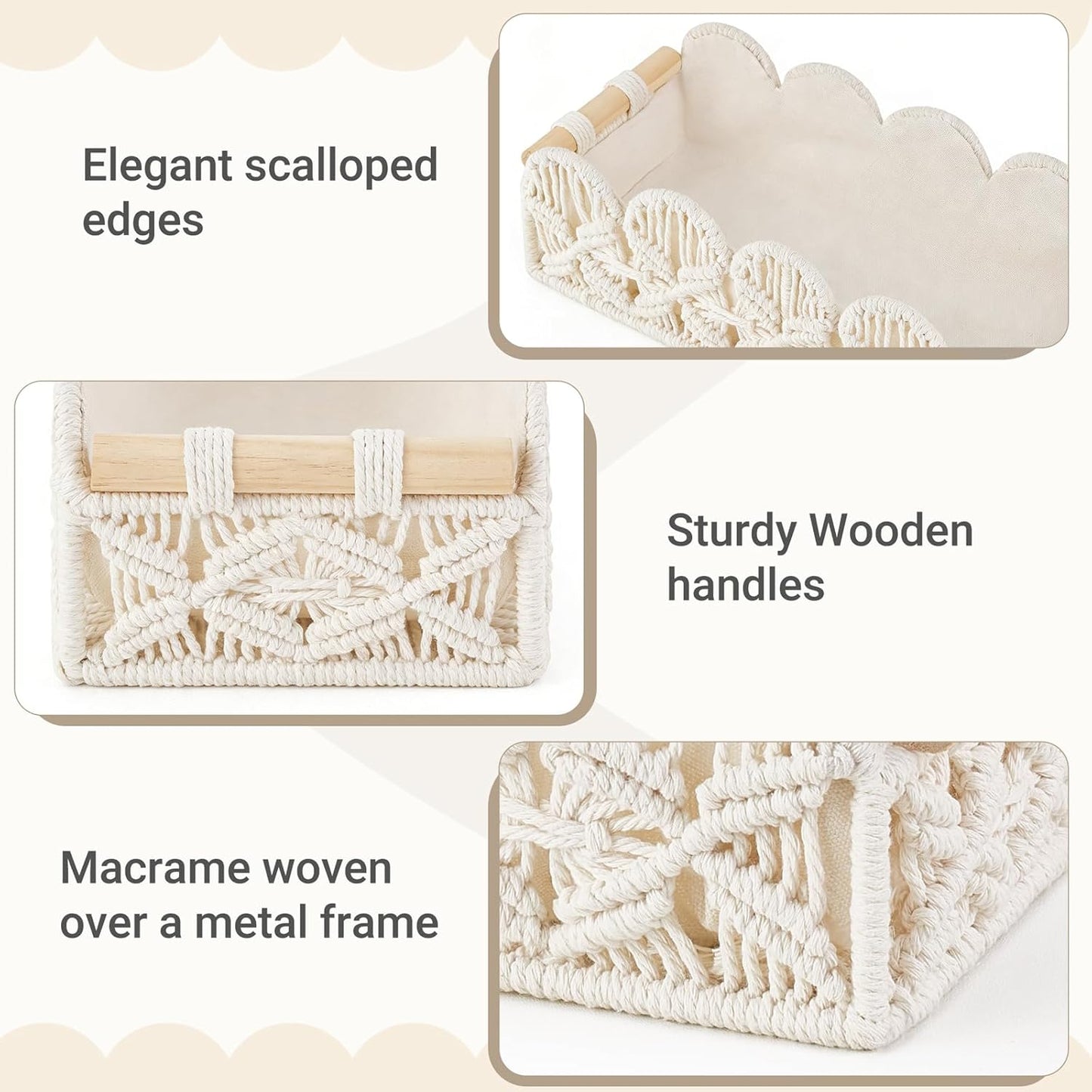 Mkono Macrame Storage Basket - Scalloped Edge Boho Woven Decor | Small Organizer Set of 2 in Ivory