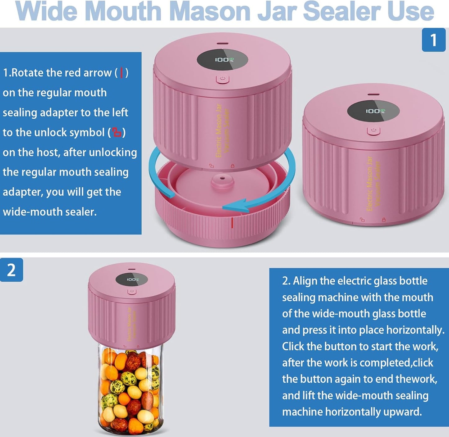 Skiennix Electric Mason Jar Vacuum Sealer Kit - Ideal for Wide & Regular Mouth Jars - Pink
