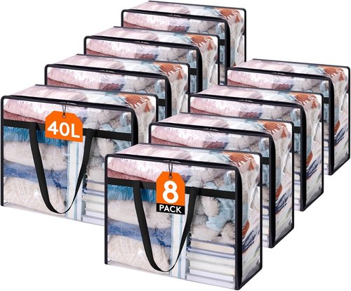 Lifewit 8-Pack Clear Clothes Storage Bags - 40L Vinyl Zipper Bags for Bedding & Comforters