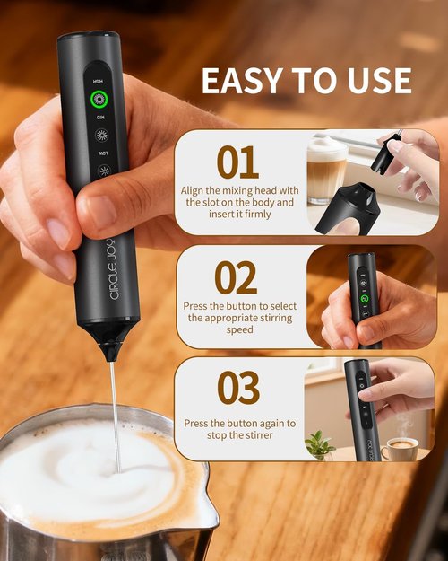 CIRCLE JOY Rechargeable Handheld Milk Frother - 3 Speeds, 3 Whisks & Stand | Perfect for Lattes, Cappuccinos & More