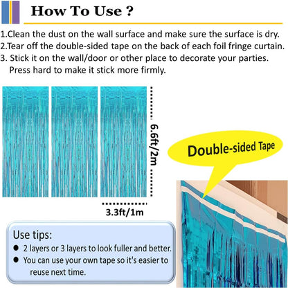 Skiennix Teal Blue Tinsel Foil Fringe Backdrop Curtains - 3PC Set for Birthday & Graduation Decor