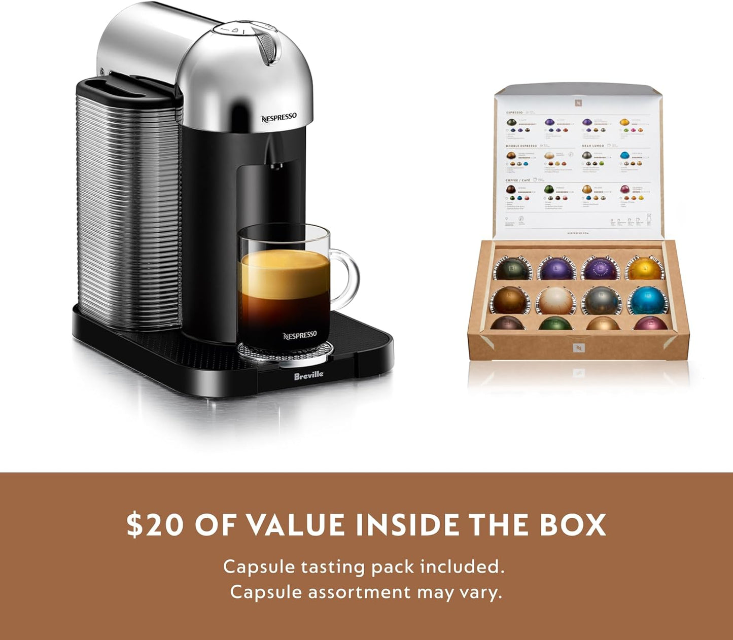 Breville Nespresso Vertuo Coffee & Espresso Maker - Chrome Finish with Aeroccino Frother