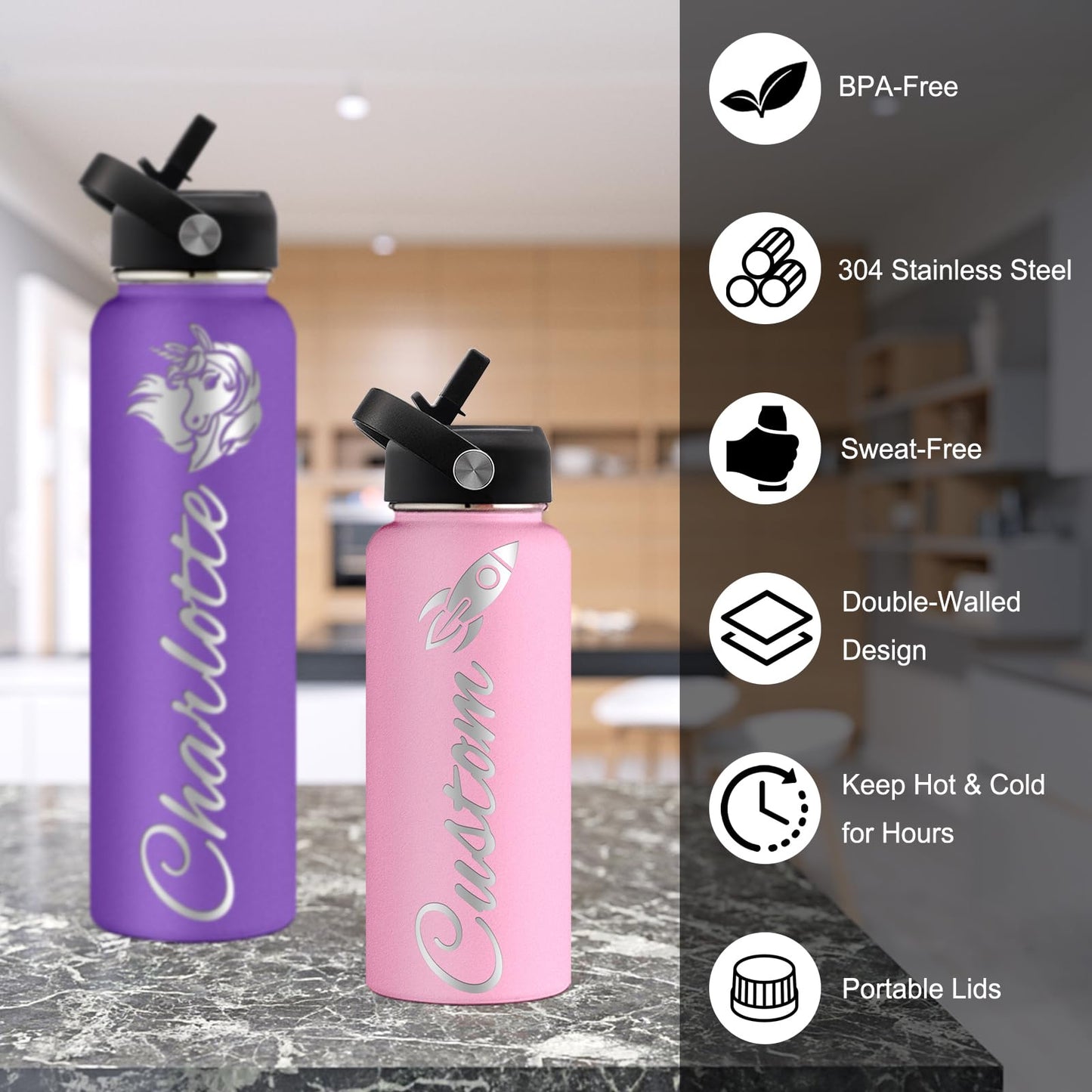 Personalized Water Bottles,Custom Engraved Stainless Steel Water Bottle with Name Icon,Customized Sports Water Bottle Double Wall Vacuum Insulated Gift for Women Men