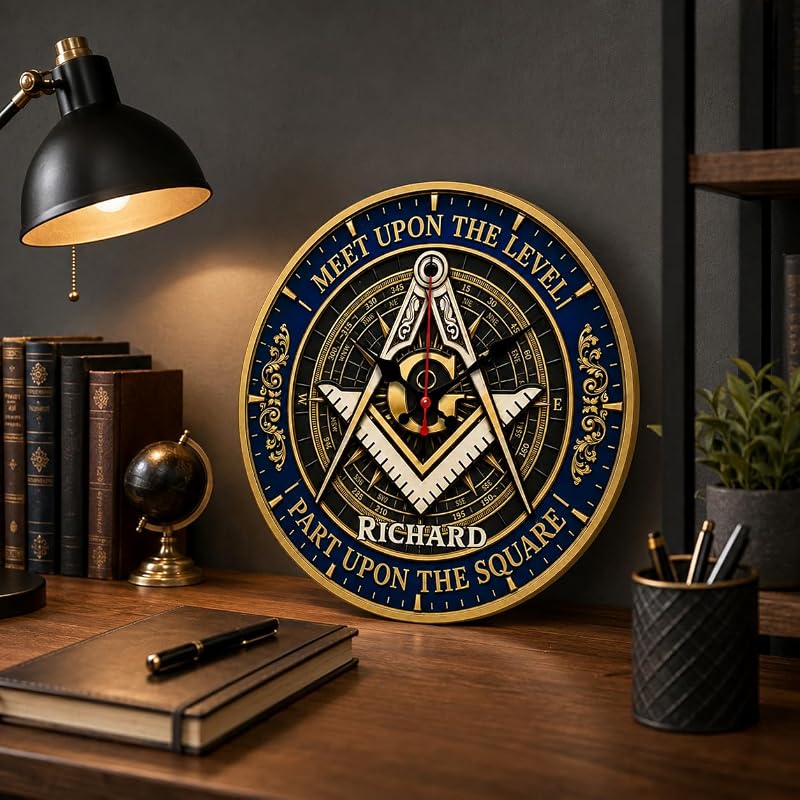 Personalized Masonic Wall Clock - Meet Upon The Level, Custom Name