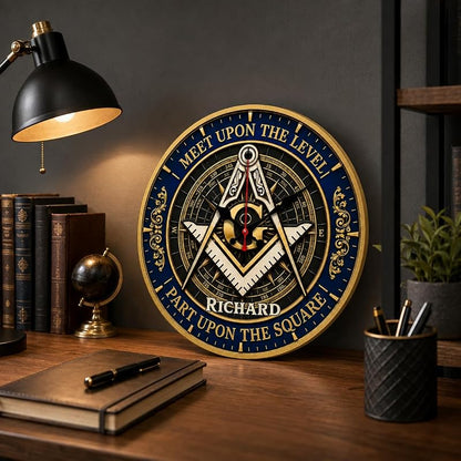Personalized Masonic Wall Clock - Meet Upon The Level, Custom Name