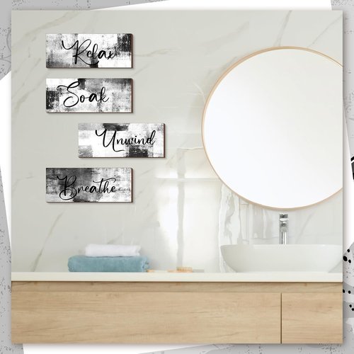 Maitys Bathroom Wall Art - 4 Pcs Rustic Wood Decor for Spa & Relaxation | 10 x 4 Inch Black & White
