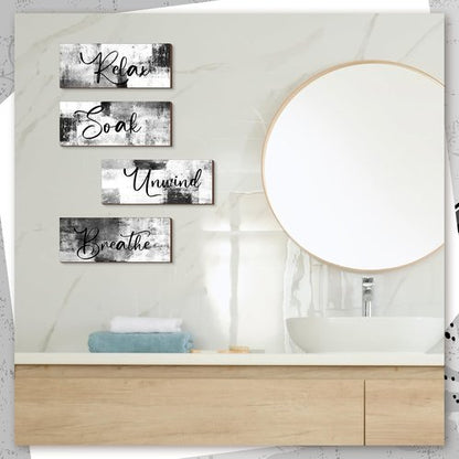 Maitys Bathroom Wall Art - 4 Pcs Rustic Wood Decor for Spa & Relaxation | 10 x 4 Inch Black & White