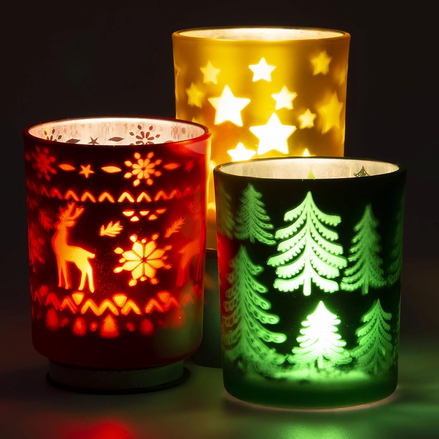 Rancco Tealight Candle Holders - Festive Indoor Christmas Decor | Elk, Tree & Star Designs, 3.3x2.6in