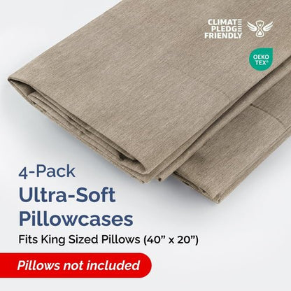 King Pillow Cases Set of 4 | Ultra Soft Hotel Quality Covers - Wrinkle Free & Fade Resistant - Heathered Beige