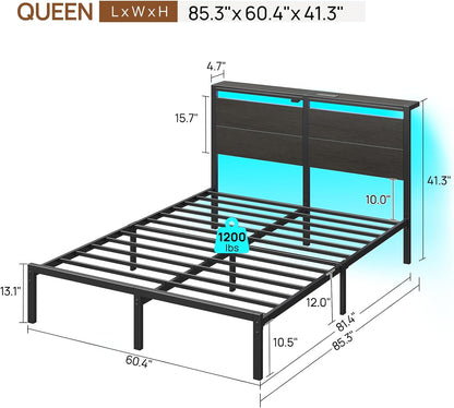 Rolanstar Queen Bed Frame - LED Headboard with Charging Station | Noise-Free, Black Oak Design