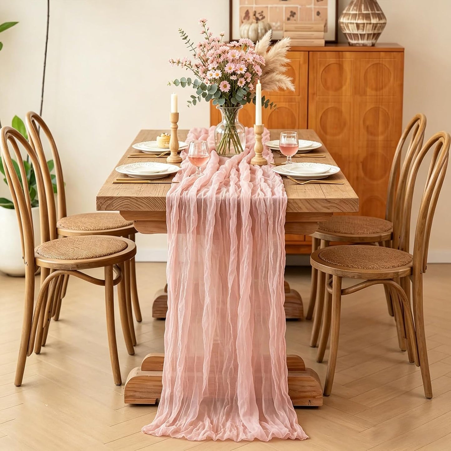 Skiennix Pink Cheesecloth Table Runner - 10FT Dusty Pink Boho Style for Weddings & Events