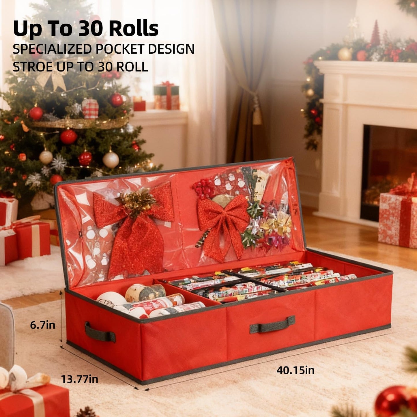 VoMii Gift Wrap Organizer - 40 Inch Storage Container for 24 Rolls of Wrapping Paper | Underbed Bag with Pockets