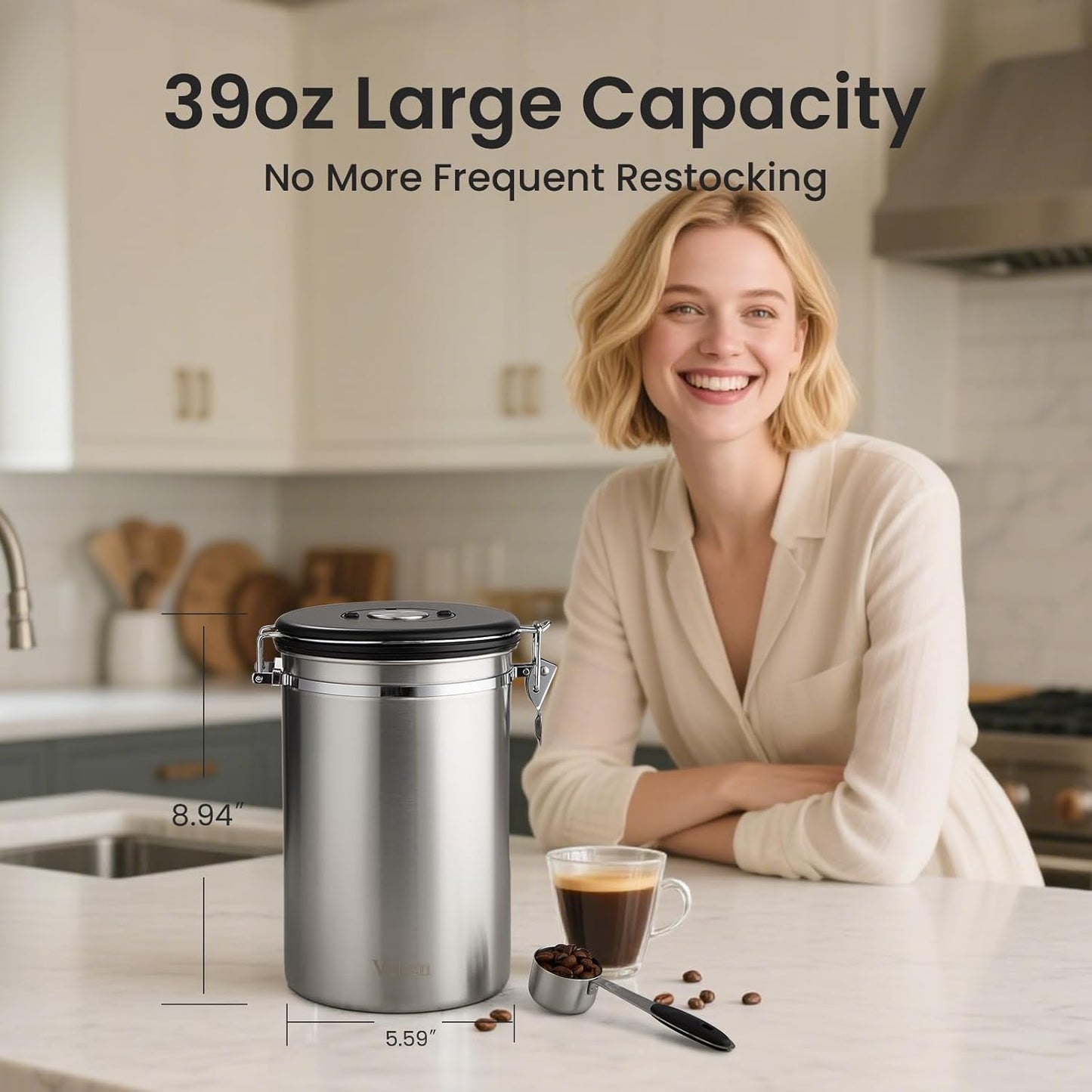Veken Coffee Canister - 39oz Airtight Stainless Steel Storage for 2.2lbs Coffee, Sugar & Tea | Silver with Date Tracker & Scoop