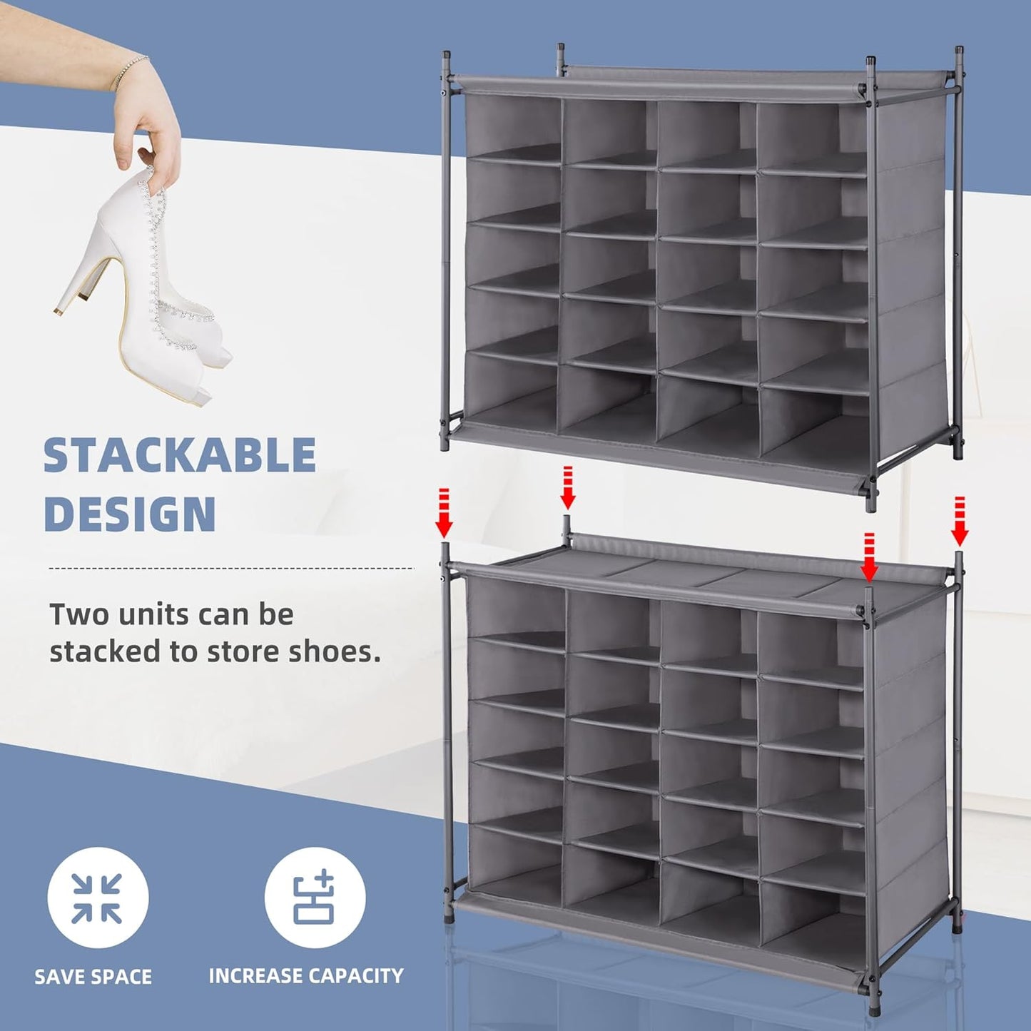 Storage Maniac Stackable Shoe Cubby Organizer - 20-Cube Free Standing Rack for Entryway & Closet | Gray