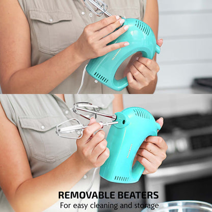 OVENTE Portable 5 Speed Mixing Electric Hand Mixer with Stainless Steel Whisk Beater Attachments Snap Storage Case, Compact Lightweight 150 Watt Powerful Blender for Baking & Cooking, Turquoise HM151T